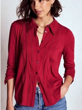 Boden Picot Trim Jersey Long Sleeve Button Down Shirt in Red Size US8
